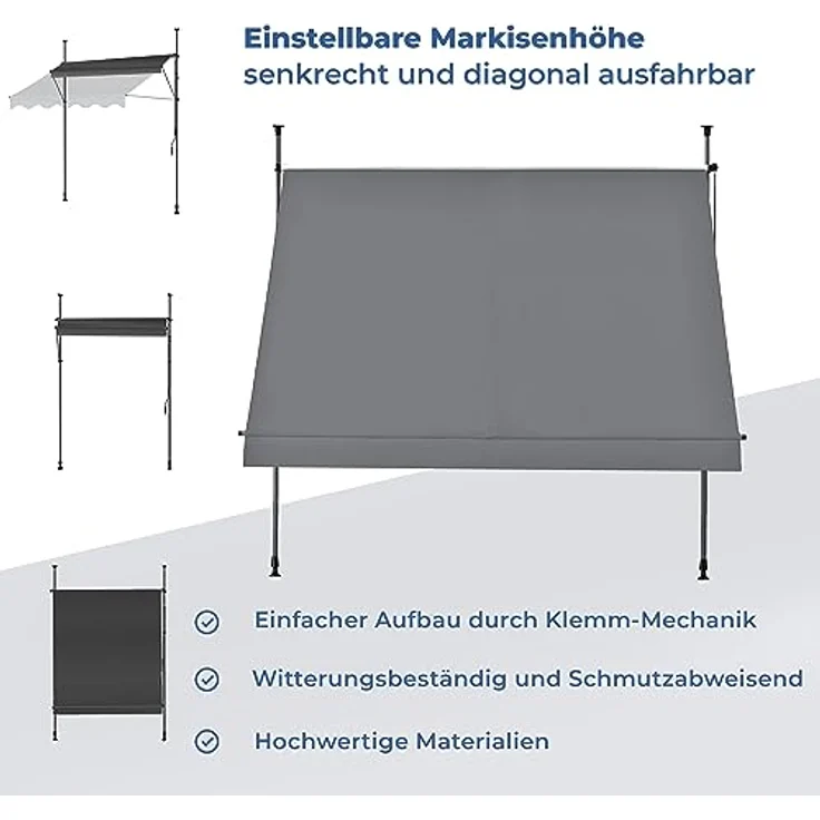 osoltus Klemmmarkise, Balkonmarkise, höhenverstellbar, mit Handkurbel, Sonnenschutz, für Balkon, Terrasse, Garten (250cm, Hellgrau) – Bild 4