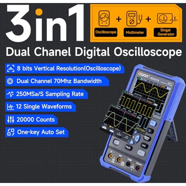 Owon HDS272S, 2-Kanal LCD-Oszilloskop mit integriertem Multimeter und 25 MHz Funktionsgenerator, mobil einsetzbar, 3,5" Display – Bild 2