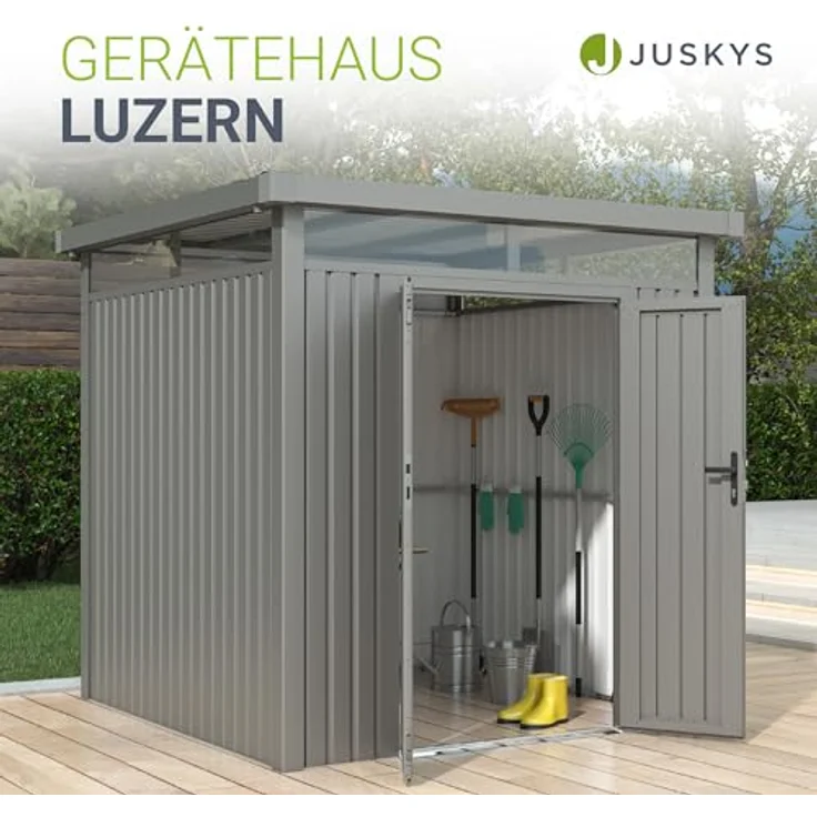 Juskys Gerätehaus Luzern 5,3 m² - Metall Geräteschuppen mit Türen & Fenstern - wetterfest & abschließbar - Fahrradgarage, Gartenhaus - Taupe – Bild 2