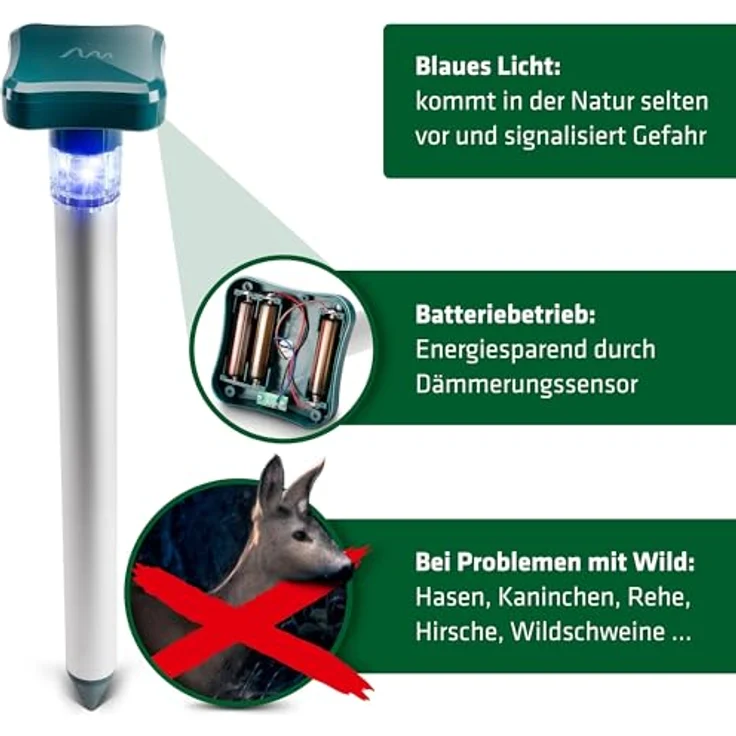 GARDIGO® Wildtierabwehr mit blauem LED-Licht | Wildtier-Vertreiber mit 360° Streuung für den Garten | Wildtiere vertreiben durch blaues Licht | Für Friedhöfe, Gärten, Sportplätze, Beete – Bild 2