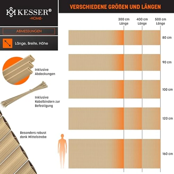 KESSER PVC Sichtschutzmatte Sichtschutzzaun Balkonverkleidung Windschutz Wetterfest verstärkten Lamellen, für Garten, Balkon Terrasse Outdoor Balkonumrandung mit Kabelbindern 120 x 500 cm, Bambus – Bild 7