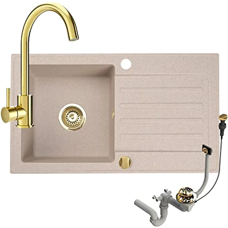 Granitspüle 76x44 Küchenspüle Gold Granit Spülbecken f. Unterschränke ab 45 cm inkl.Siphon Set (Mit Armatur, Beige) – Bild 1