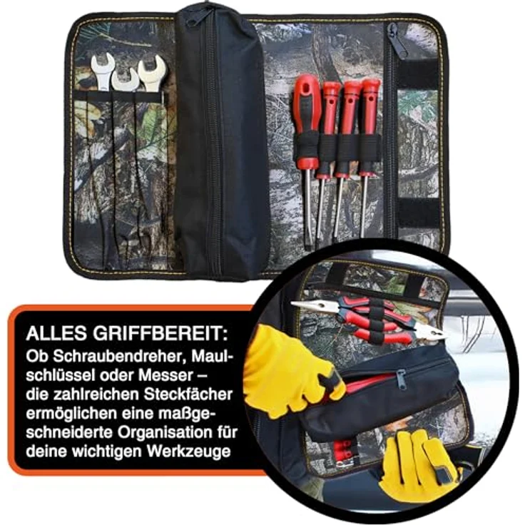 YPC VarioRoll M – Werkzeugrolle 36x25cm, 2 Reißverschlusstaschen, 4 Steckfächer, wasserfestes Oxford 600D Polyester, ideal für Unterwegs – Bild 3