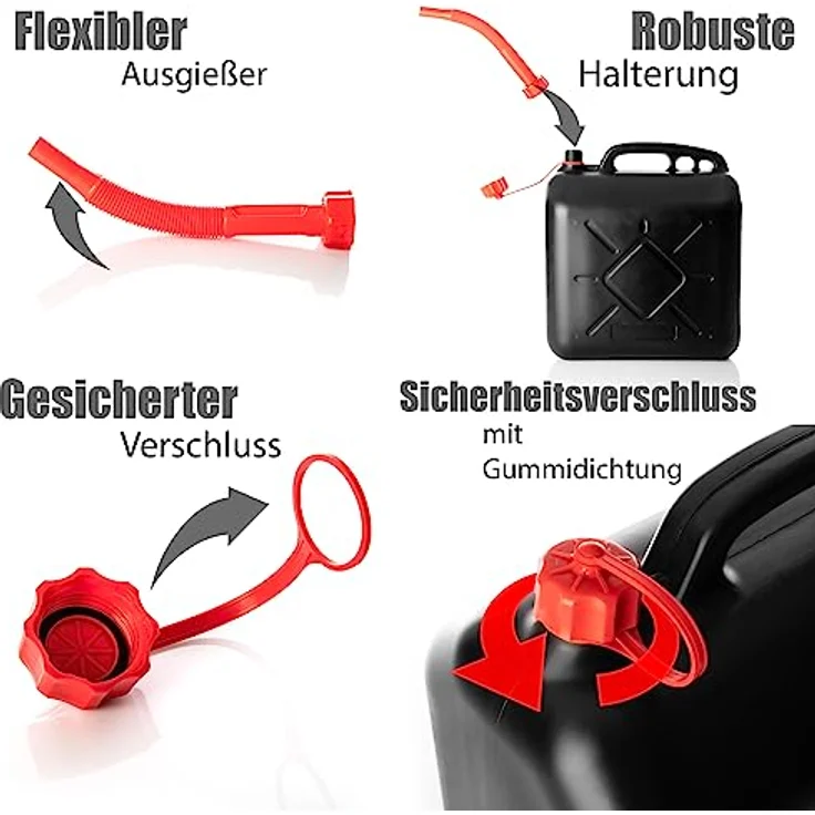 BigDean 2x 10L Benzinkanister Set mit flexiblem Ausgießer, UN-zugelassen für Benzin, Diesel & AdBlue, Schwarz/Rot – Bild 5