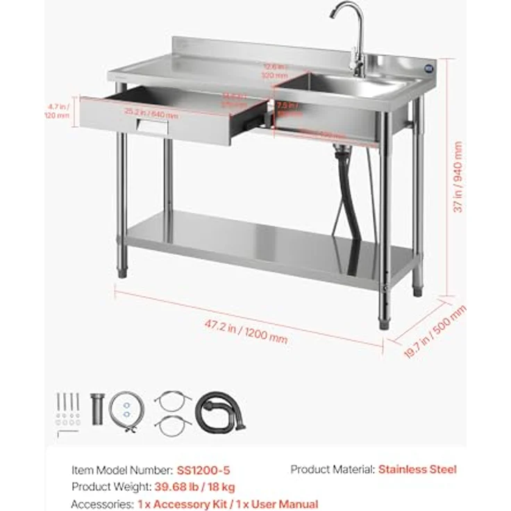 VEVOR Spültisch Spülbecken Edelstahl (120 x 50 x 94 cm), 4 in 1 Multifunktionsdesign mit 360° Wasserhahn & Schublade, ideal für Garage, Restaurant und Außennutzung – Bild 7