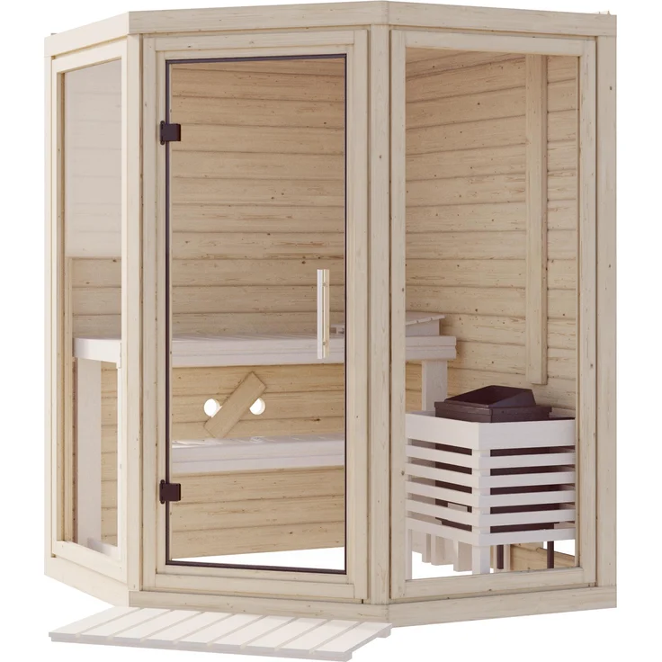 Karibu Innensauna Aleyna, inklusive Saunaofen 3,6kW, mit integrierter Steuerung, 2 Bänke aus Espe, Eckeinstieg, 159 x 159 cm