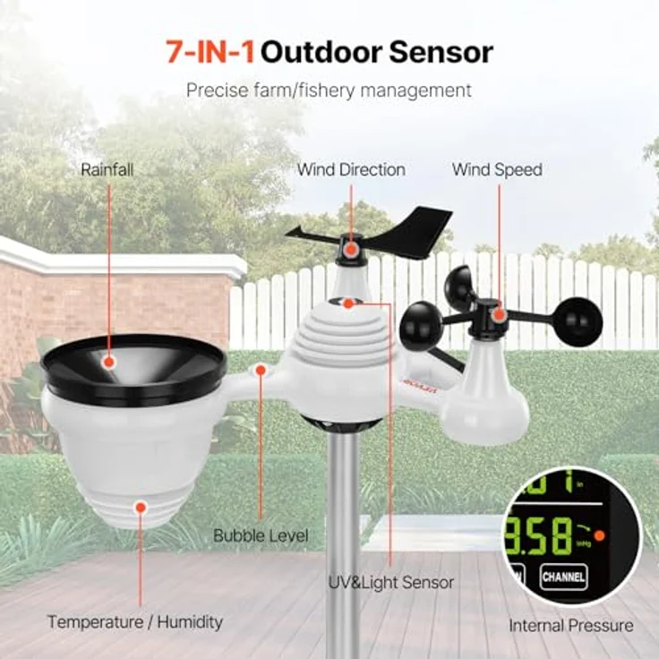 VEVOR 7-in-1 Wetterstation Funkwetterstation mit 7,5" Farbdisplay, Außensensor, RCC-Atomuhr, Messung von Windrichtung, Windgeschwindigkeit, Luftdruck, Temperatur und -feuchtigkeit, Mondphase, IPX6 wasserdicht – Bild 2