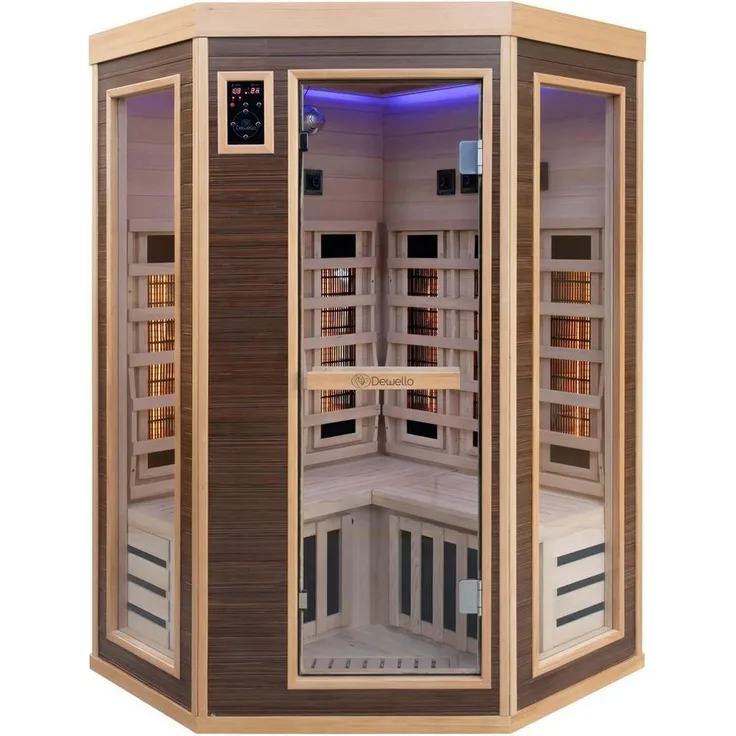 Dewello Infrarotkabine MONTREAL 120 Wärmekabine für 1 Person, 6 Vollspektrumstrahler, mit Farblichttherapie, Ionisator und Aromatherapie, Multimedia und USB-Anschluss, Ebenholz-Optik