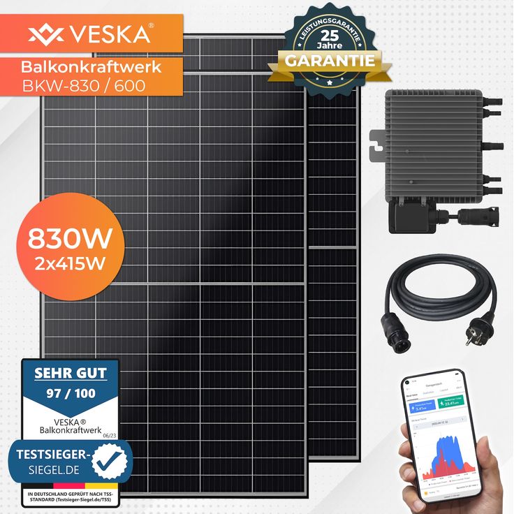 VESKA Balkonkraftwerk 830 W / 600 W Photovoltaik Solaranlage Steckerfertig