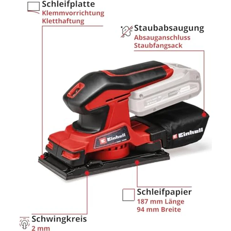 Einhell Akku-Schwingschleifer TC-OS 18/187 Li-Solo Power X-Change PXC (18V, Li-Ion, 187x97 mm Schleiffläche, 24000 (1/min), Micro-Klett, 2mm Schwingkreis, inkl. 1x Schleifpapier, ohne Akku und Ladegerät) – Bild 3