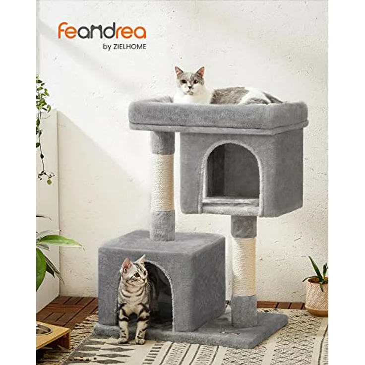 Feandrea Kratzbaum, 84 cm Katzenbaum, L, Katzenhaus für große Katzen bis zu 7 kg, große Plattform, 2 Katzenhöhlen, Sisalstämme, hellgrau PCT61W – Bild 2