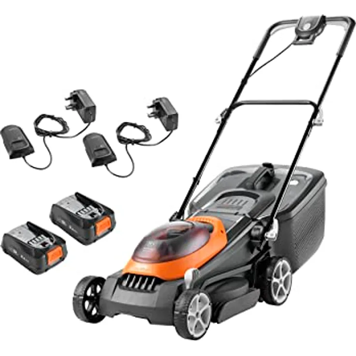Flymo UltraStore 380R Li Akku-Rasenmäher-Set, 36 V, 38 cm Schnittbreite, geschlossener Kantenschneiden, hintere Rolle, 45 l, Comfort Grip, Power 4 All Battery Alliance, 970538901, orange und grau