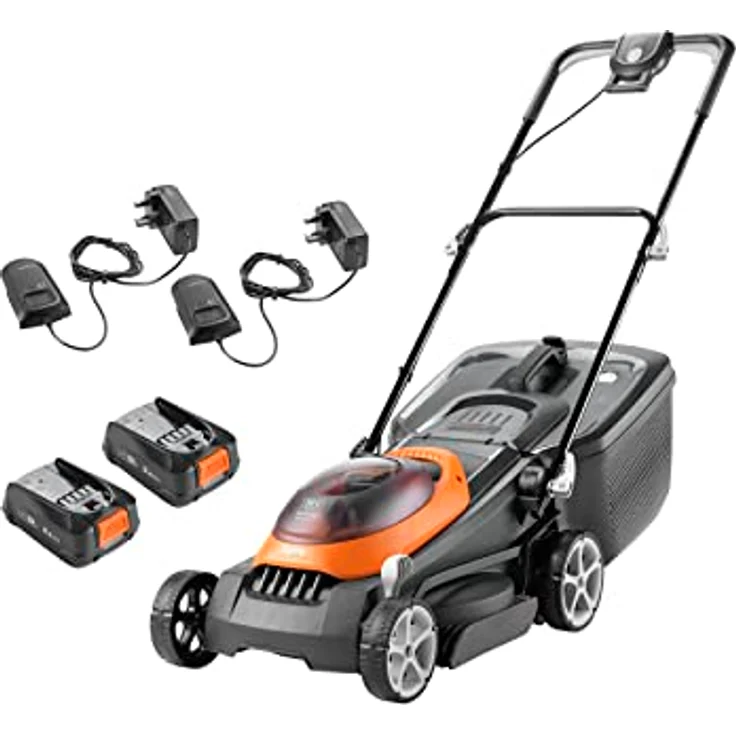 Flymo UltraStore 380R Li Akku-Rasenmäher-Set, 36 V, 38 cm Schnittbreite, geschlossener Kantenschneiden, hintere Rolle, 45 l, Comfort Grip, Power 4 All Battery Alliance, 970538901, orange und grau – Bild 1