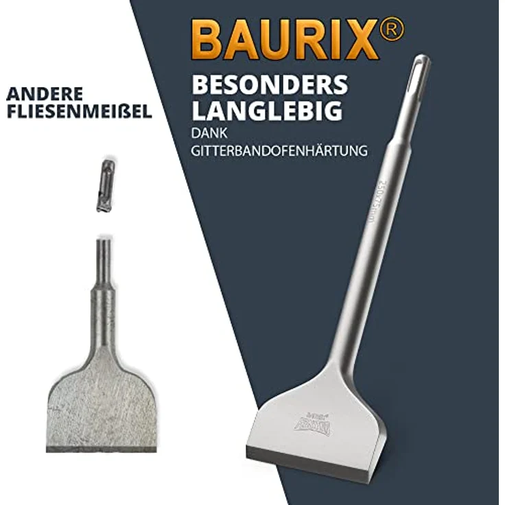 BAURIX® Fliesenmeißel SDS Plus 250x75 mm, abgewinkelter Flachmeißel mit selbstschärfender Schneide und bruchsicherem Schaft – Bild 3