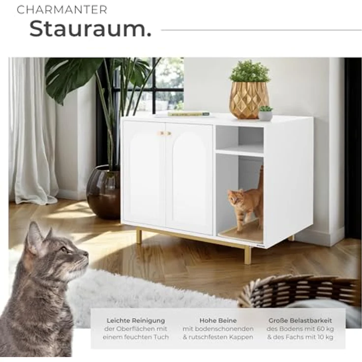 tectake® Katzentoilette Schrank, 2-in-1 Katzenklo Möbel mit Ablage und Kratzmatte, weiß/gold – Bild 3