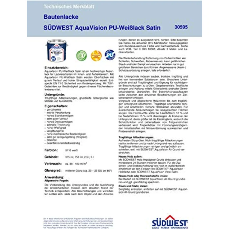 Südwest AquaVision PU-Weißlack Satin 2,5 Liter – Bild 2