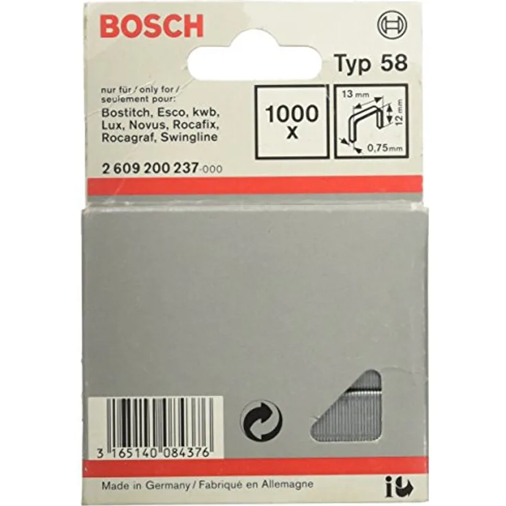 Bosch Accessories 2609200237 Feindrahtklammern Typ 58, 1000 Stück, Maße 12mm x 13mm, schmaler Rücken für unauffällige Befestigungen