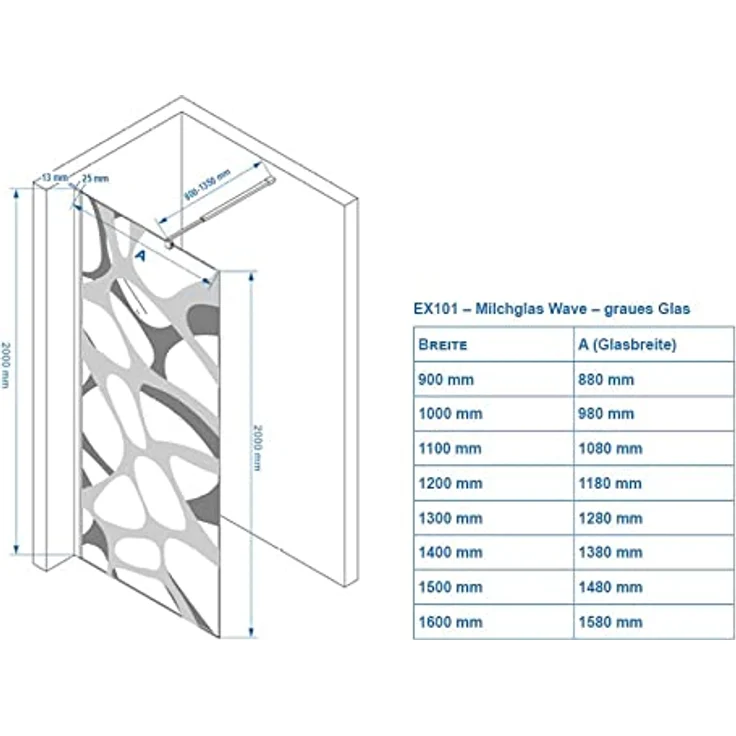 Bernstein Walk-in-Dusche EX101, 10mm ESG-Sicherheitsglas Nano-Beschichtung, 200cm Höhe, graues Glas mit Milchglas-Muster, Schwarz Matt Profile – Bild 7