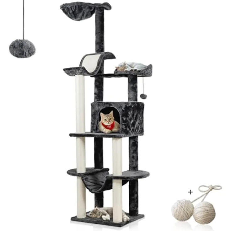 Rohrschneider Kratzbaum Travel mit integriertem Spielball und Hängematte für Katzen, vielseitiger Katzenspielplatz mit Sisalumwickelten Holmen, Hängematte, Kuschelmulde und zusätzlichem Spielball, in verschiedenen Farben