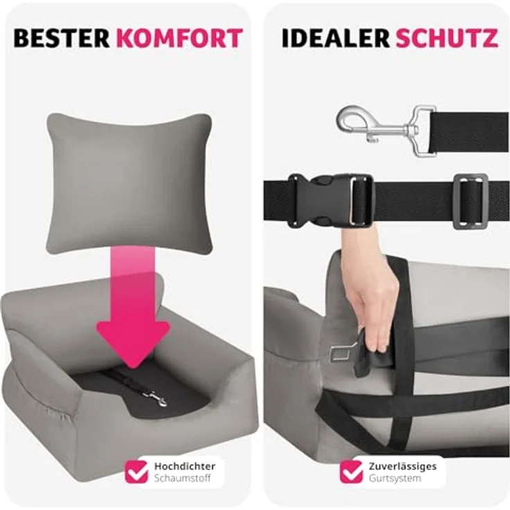 tectake® Hundesitz, Autositz für Hunde, Hunde Autositz für Rückbank, Beifahrer oder Rücksitz, Reisebett Hund, mit Hundegurt, Sitzerhöhung mit Hundeanschnaller, Hundebett mit Anschnaller - grau – Bild 5