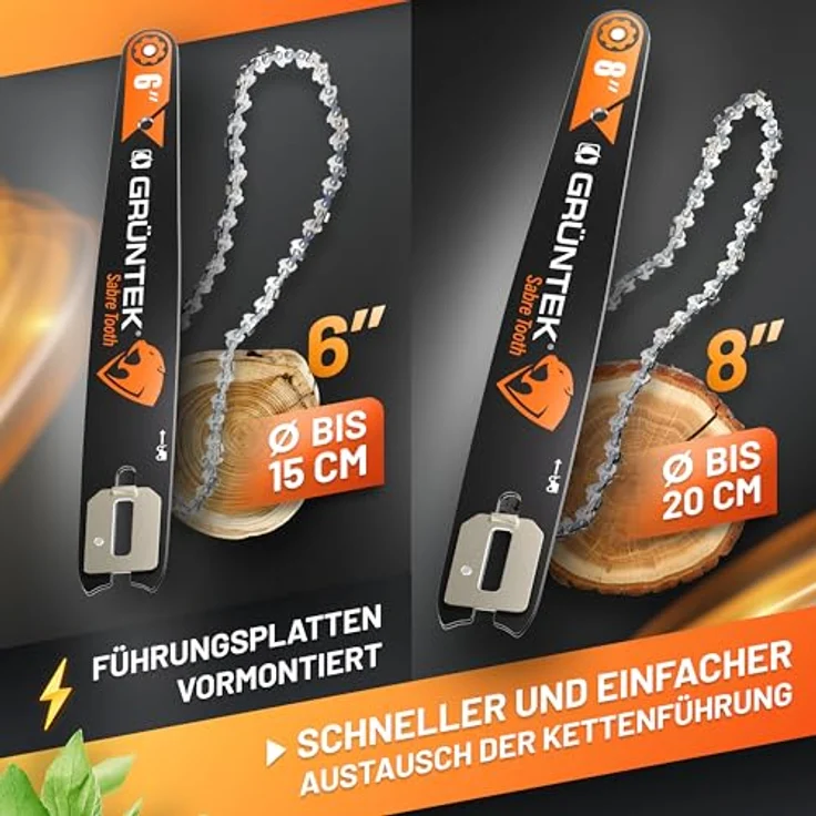 GRÜNTEK Akku Kettensäge 21V, Mini Motorsäge mit 2 Akkus, 1050W Brushless Motor, 6" und 8" Schwert, inkl. Sicherheitszubehör im Koffer – Bild 5