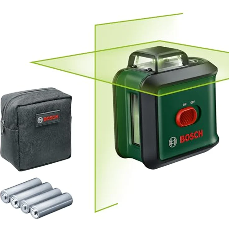 Bosch Kreuzlinienlaser UniversalLevel 360 (grüner Laser, Arbeitsbereich: bis zu 24 m, Genauigkeit: ± 0,4 mm-m, selbstnivellierend: bis ± 4°, 4x AA-Batterien, im Karton) – Bild 4