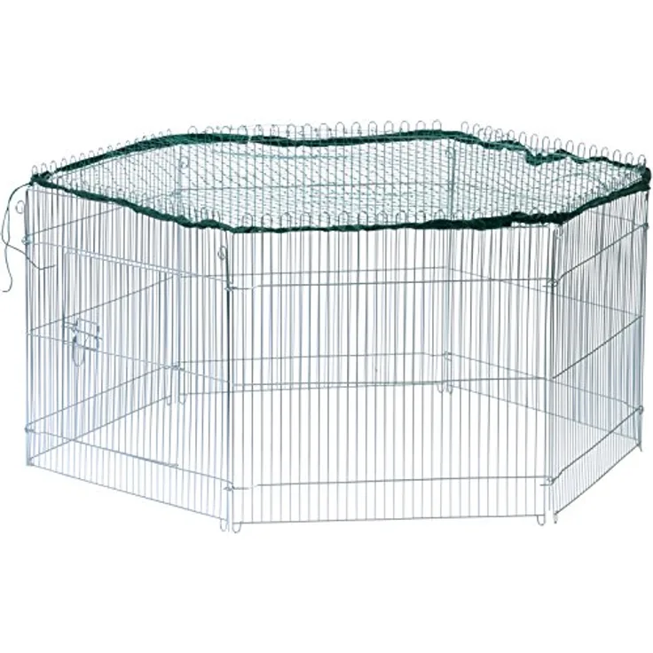 dobar® 80614 Freilaufgehege 6-eckig verzinkt aus Metall mit Nylon Netz - Kaninchengehege für Jungtiere für draußen - Nagergehege wetterfest 123 x 106 x 60 cm - Silber