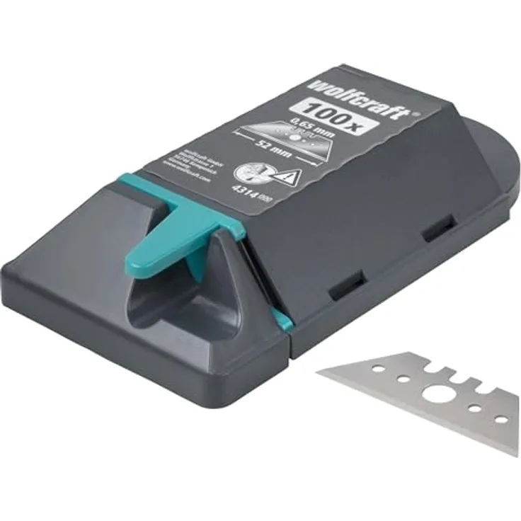 wolfcraft 100 Profi-Trapezklingen, 0,65 mm dick, 52 mm lang, in Spenderbox, rostfreier HCS-Stahl