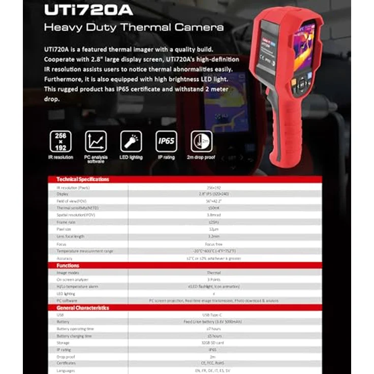Uni-T UTi720A, Wärmebildkamera mit 256x192 IR-Auflösung, 2,8" TFT-LCD-Display, Temperaturbereich -20 °C bis 400 °C, Lithium-Ionen-Akku bis 7 Stunden – Bild 6