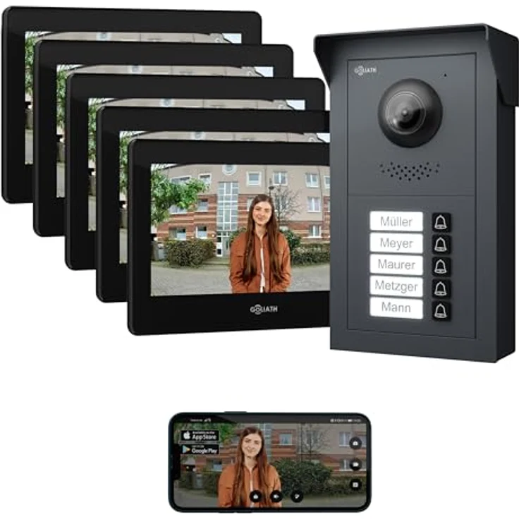 Goliath Intercom Basic-Line Video-Türsprechanlage mit 7-Zoll HD Monitor, 160° Kamera, 2-Draht Technologie, weiß/schwarz, für 5-Familienhaus – Bild 1