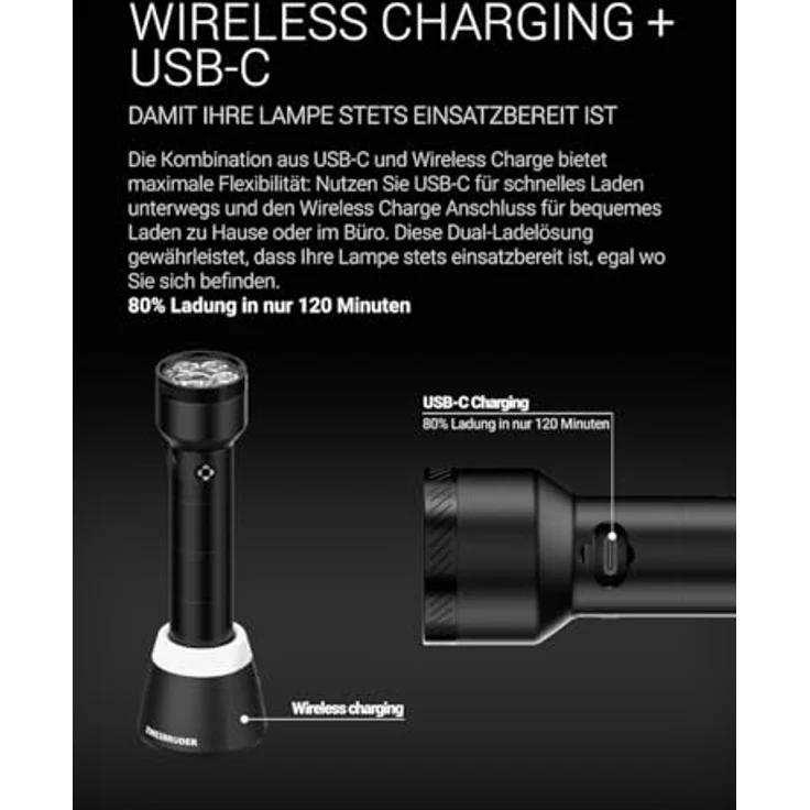 Zweibrüder ZB8T LED Taschenlampe, aufladbar mit USB-C, Rotlichtfunktion, Aluminiumgehäuse, IPX4 wasserdicht – Bild 6