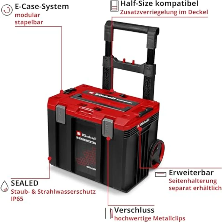 Einhell E-Case L SEALED, Werkzeugkoffer mit max. 120 kg Tragkraft, staubdicht und strahlwassergeschützt, Trolleygriff, kompatibel mit Half Size E-Cases, 44 x 40 x 36 cm – Bild 2