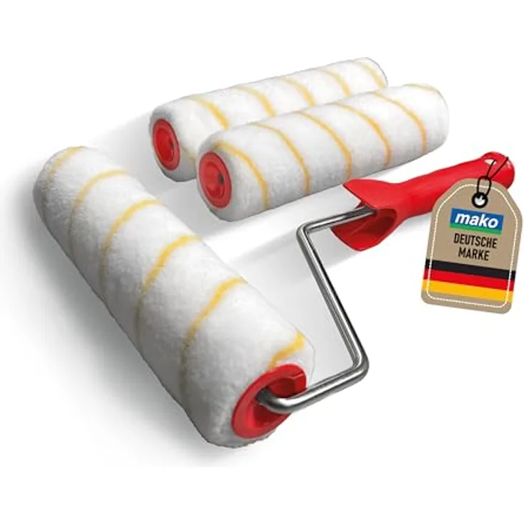 mako Farbroller EASYPAINT Premium, 4-teiliges Set mit 3 Goldfaden-Malerwalzen (23 cm), antitropf und nahezu fusselfrei, ergonomischer Rollerbügel, kompatibel mit mako EASYREACH Teleskoproller