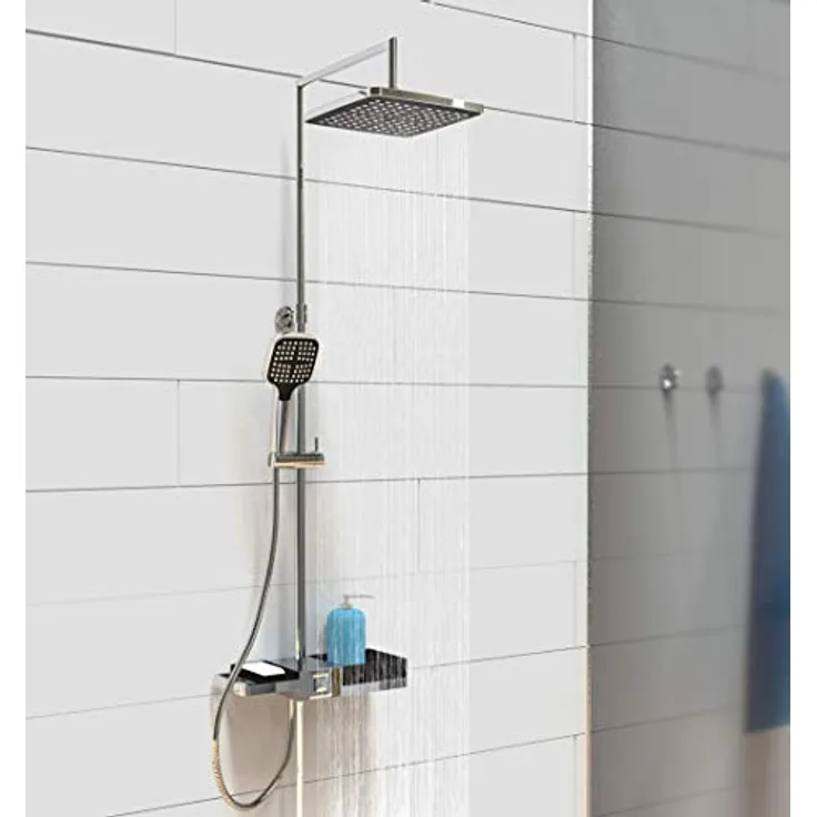 Schütte BLUEPERL Duschsystem ohne Armatur mit Ablage, Komplett Dusch-Set (Regendusche mit Wandhalterung, Duschsäule, 22,5 x 22,5cm Duschkopf und Brauseschlauch) 60566, Chrom/Schwarz