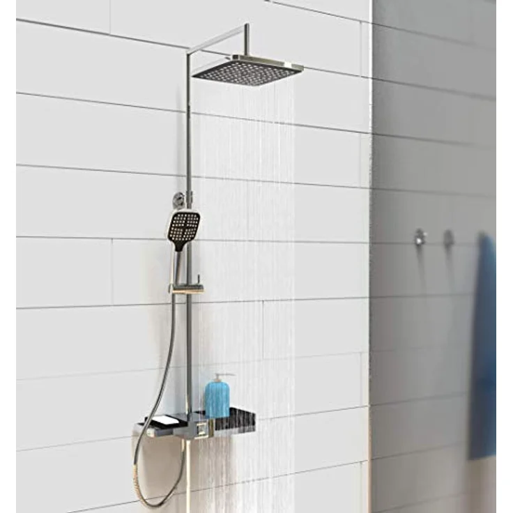 Schütte BLUEPERL Duschsystem ohne Armatur mit Ablage, Komplett Dusch-Set (Regendusche mit Wandhalterung, Duschsäule, 22,5 x 22,5cm Duschkopf und Brauseschlauch) 60566, Chrom/Schwarz – Bild 1