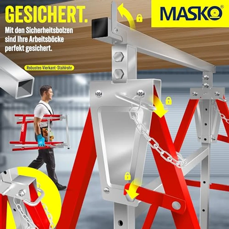 MASKO® Teleskop-Arbeitsbock 4-er Set, Höhenverstellbar 800-1300 mm, max. Belastbarkeit 200 kg, inkl. rutschfester Handschuhe, Rot – Bild 4