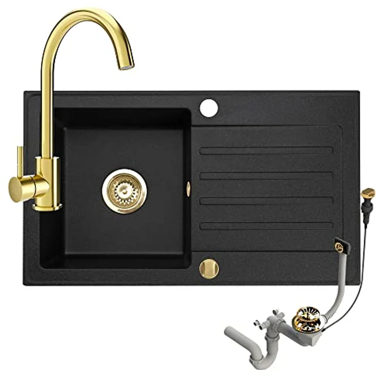 Granitspüle 76x44 Küchenspüle Gold Granit Spülbecken f. Unterschränke ab 45 cm inkl.Siphon Set (Mit Armatur, Schwarz) – Bild 1
