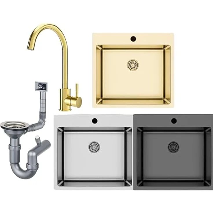 Faizee Möbel Granitspüle 76x44 mit Armatur Side, Eckig, Matt Schwarz, inkl. Siphon Set