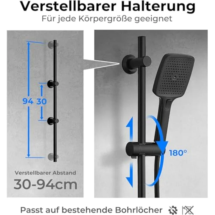 Görbach Duschset Edelstahl Duschstange mit Duschkopfhalterung 100cm, schwarz, rostbeständig, flexible Montage, höhenverstellbar – Bild 3