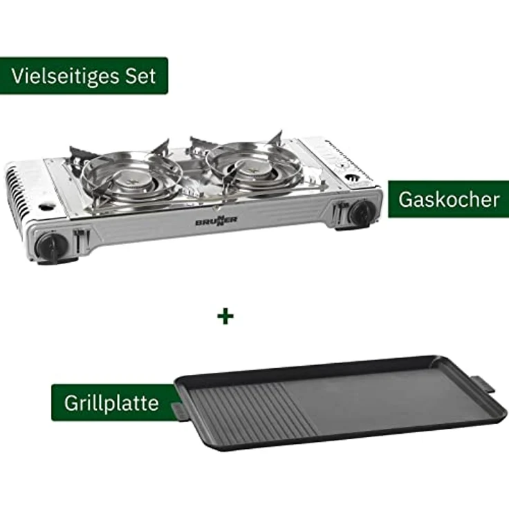 BRUNNER Gaskocher Outdoor DEVIL 2-Flammig mit Grillplatte und Piezozündung - Antihaft, ideal zum Kochen und Grillen für Unterwegs – Bild 2