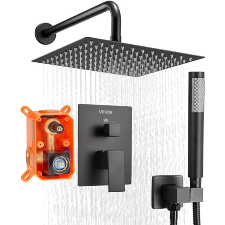 VEVOR Regenduschsystem für Badezimmer, 254 mm quadratischer Duschkopf & Handbrause, wandmontierte Armaturen mit Messingventil, Mattschwarz – Bild 1