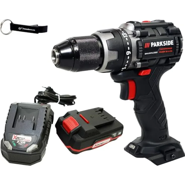 PARKSIDE PERFORMANCE® 20V Akku Bohrschrauber PABSP 20, mit 2Ah Akku, bürstenlosem Motor, 21 Drehmomentstufen und Quickstop, inkl. HEADNMORE® Schlüsselanhänger im Bundle