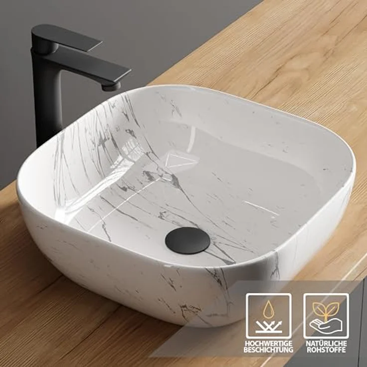 Planetmöbel Aufsatzwaschbecken Aquil, Keramik Waschbecken 42 cm, marmor weiß, quadratisch, ohne Hahnloch und Überlauf – Bild 2
