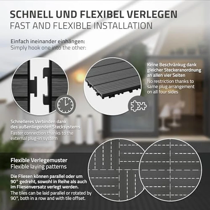 ECD Germany WPC Terrassenfliesen 60x30 cm 12er Spar Set für 2m² Anthrazit in Holzoptik für Garten Balkon Bodenbelag mit Drainage und Klicksystem Terrassendielen Balkonfliesen Klickfliesen Holzfliesen – Bild 6