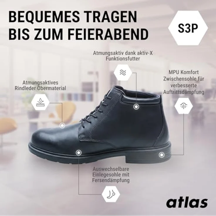 Atlas CX 545 ESD, knöchelhoher Sicherheitsschuh S2 W10, Größe 42 mit Rindleder, durchtritthemmender Stahlzwischensohle und MPU-REBOUND-SYSTEM – Bild 3
