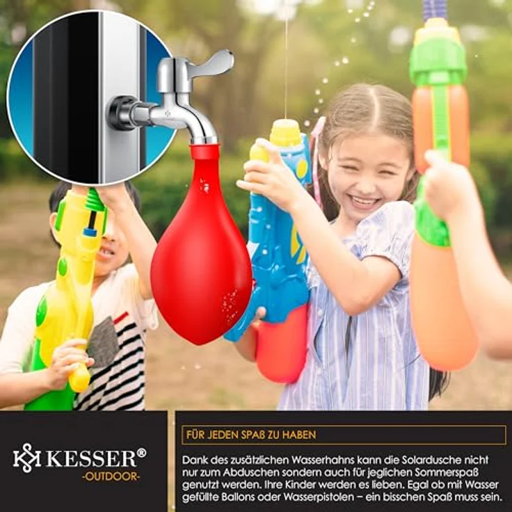 KESSER Solardusche 40- 60 Liter Solar Gartendusche warmes Wasser max. 60°C Inkl. Schutzhaube ohne Stromanschluss Pooldusche CampingRegenduschkopf und Wasserhahn Gartenschlauch-Anschluss Schwarz - Silber, 60 Liter - Preisvergleich – Bild 6