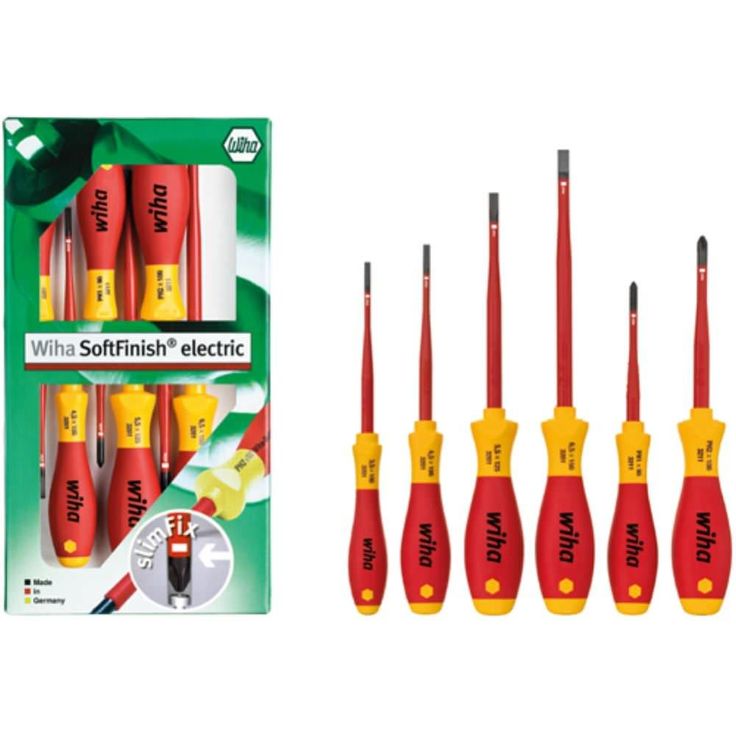 Wiha Schraubendreherset SoftFinish slimFix (35389), 6 teilig, Schraubenziehersatz VDE Elektriker, isoliert 1000v, Schlitz/Kreuz