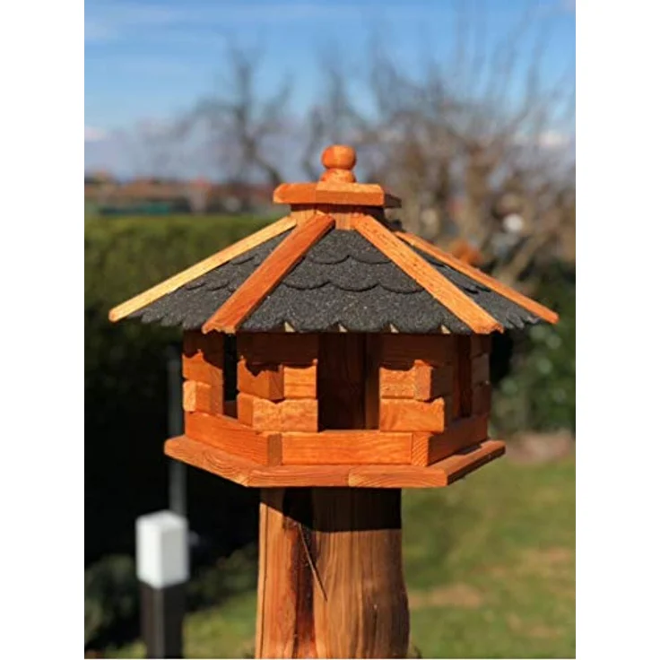 Darlux Vogelfutterhaus M Futterstelle Sechseck Vogelhaus aus Holz Braun-Schwarz – Bild 2