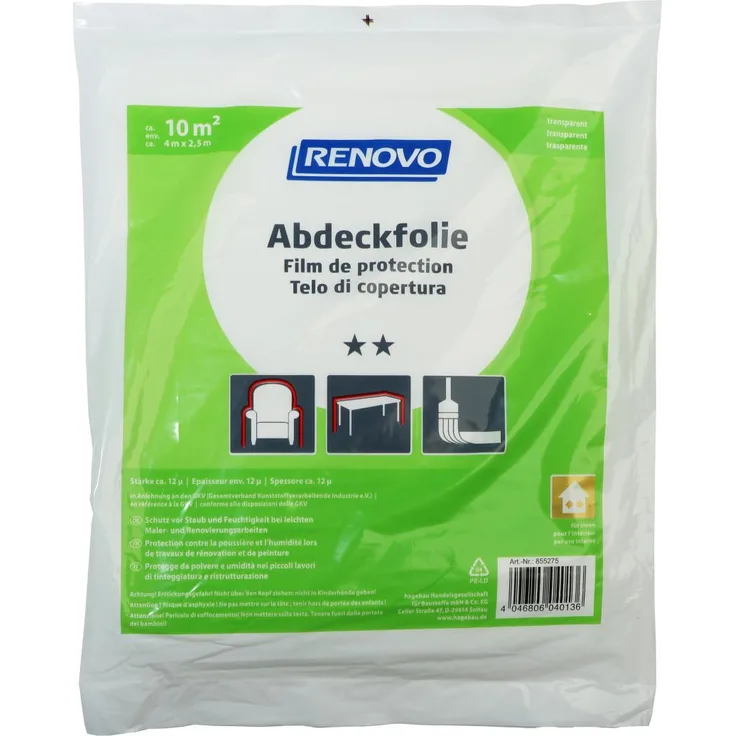 RENOVO Abdeckfolie, aus Kunststoff, Abdeckfläche: 10 m², 2,5 x 4 m x 12 µm