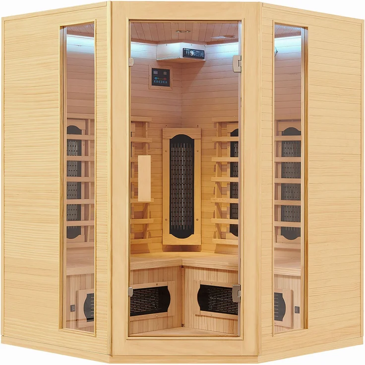 Artsauna Infrarotkabine Nyborg E150K – Infrarotsauna 4 Personen – LED-Farblicht, digitaler Steuerung, 7 Keramikstrahler, 1 Flächenstrahler – Hemlockholz, 150 x 150 x 190 cm – Bild 3